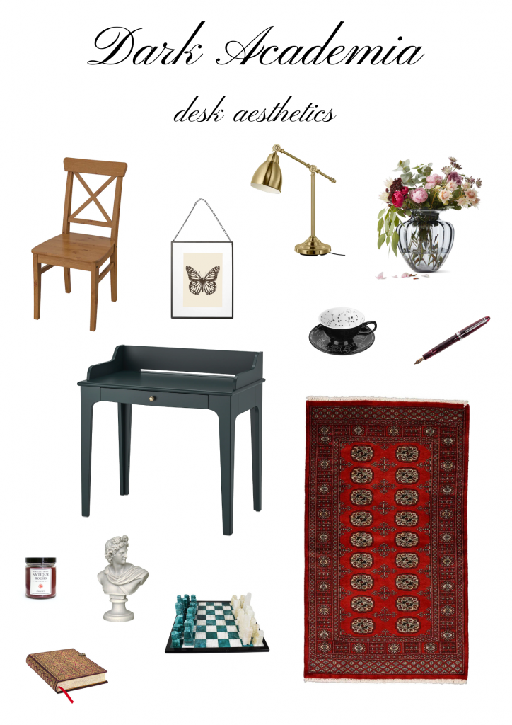 Mood board with letters dark academia desk aesthetics on top and various images below. There are tiny images of a wooden chair, golden lamp, vase with flowers, fountain pen, butterfly framed print, dark green desk, black and white teacup and saucer, red oriental rug, candle, book, greek statue, and a blue and white chess set. 