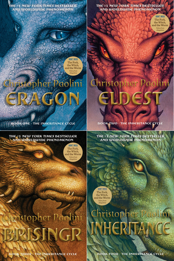 A picture of all four covers for the Inheritance Cycle. The upper left corner is Eragon book with a blue dragon on the corner, the upper right corner is Eldest book with a red dragon on the cover, the bottom left corner is Brisingr book with a golden dragon on the cover and the bottom right corner is Inheritance book with a green dragon on the cover. All four covers are combined into one picture.